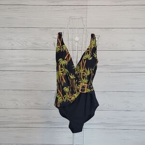 Beach Bay One-Piece Tropical Leaf Print Black Swimsuit Womens Size 14